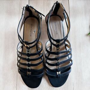 Covington Women's Black Strappy Vegan Leather Wedge Sandals Gold Bow Accents